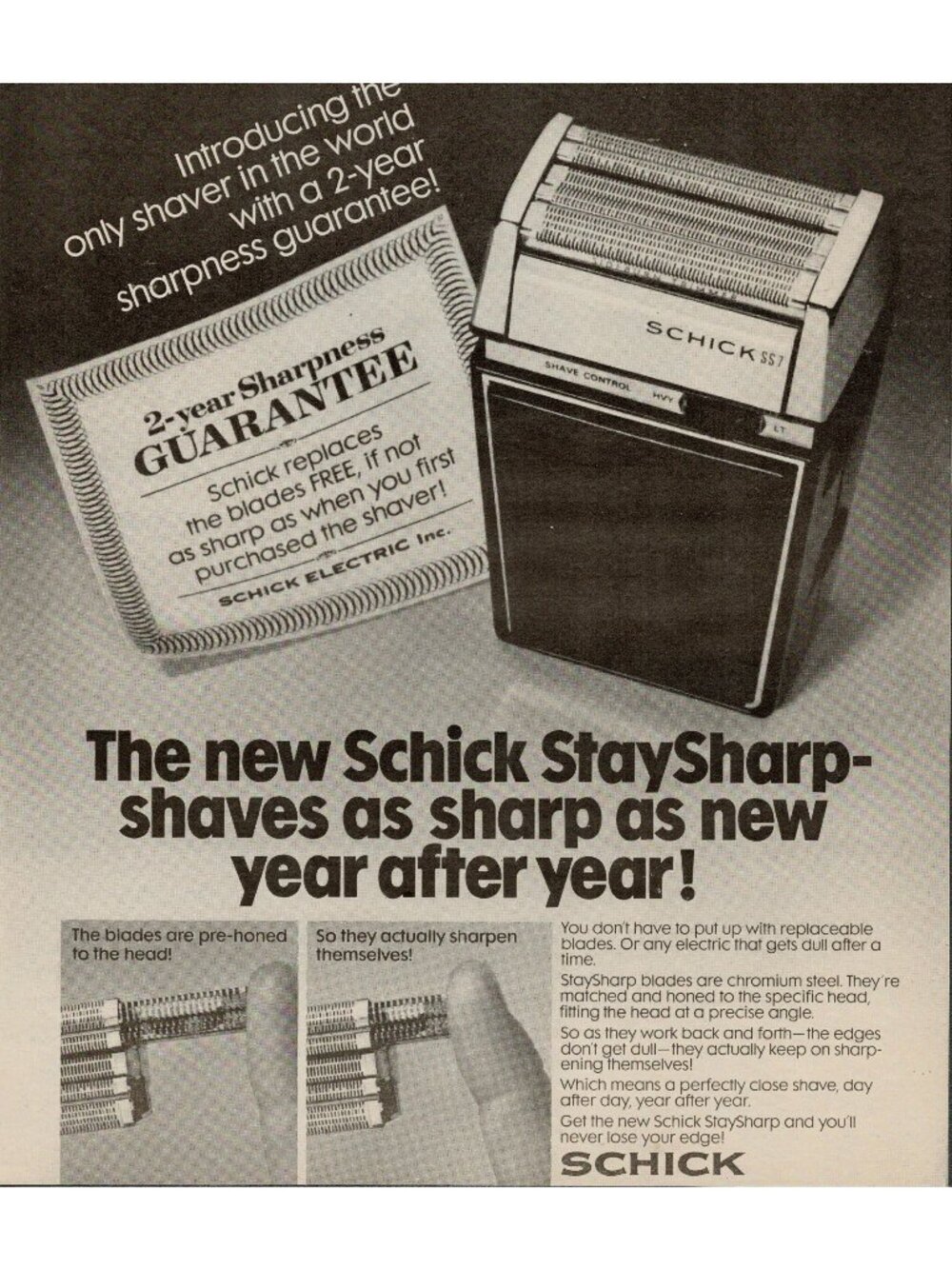 1972 Schick Staysharp Electric Razor Vintage Print Ad (L1)